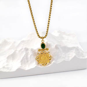 ファッションステンレス鋼卸売防水18Kゴールドメッキグリーンストーンコックラグジュアリーネックレスとイヤリングジュエリー女性用セット - Product Image 2