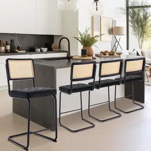 Mid Century Modern Barstools <strong>Set</strong> <strong>of</strong> <strong>4</strong> PU Leather <strong>Rattan</strong> Bar Stool <strong>Chairs</strong> with Sturdy Metal Frame for Kitchen - Product Image 1