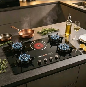 Table de cuisson à gaz 4 brûleurs + 1 plaque de cuisson électrique à gaz, dessus en verre trempé, plaque de cuisson en acier inoxydable pour usage domestique et hôtelier, encastrable et <span class=keywords><strong>portable</strong></span> - Product Image 5