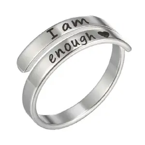 Letras que soy suficiente capa anillo 316L abierto de acero inoxidable anillos de nombre personalizado anillo para hombre mujer