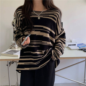 Pull en tricot rayé pour femme, manches longues, coupe ample, col rond, décontracté, pour l'automne et l'hiver - Product Image 1
