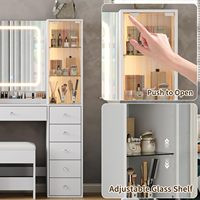 Coiffeuse Moderne Écologique et Durable avec 11 Tiroirs, 2 Meubles de Rangement, Étagère en Verre Réglable, Miroir, Tabouret et Plateau en Verre à Intensité Réglable