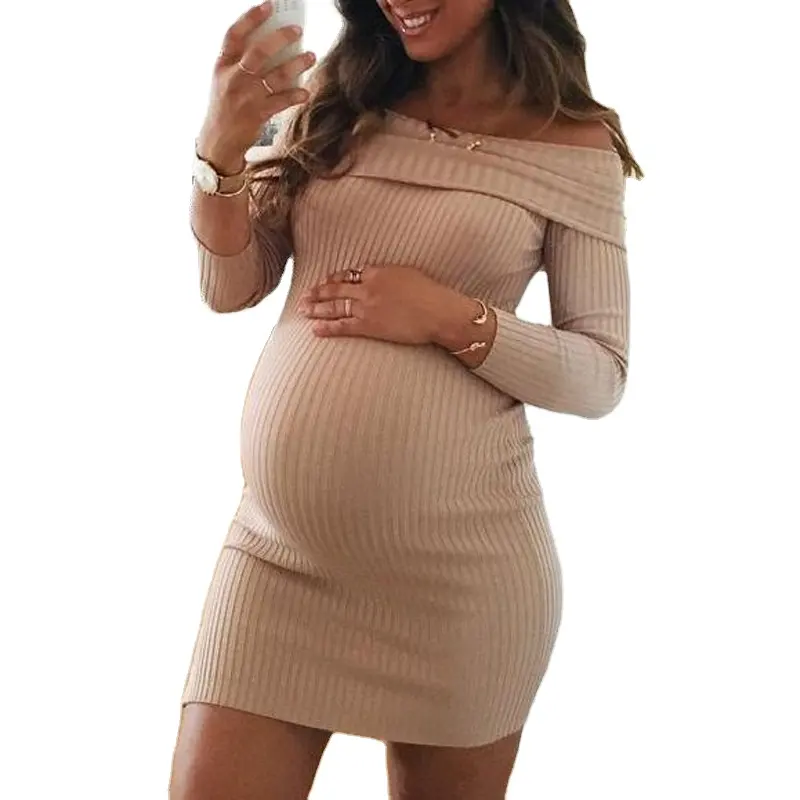 Fashion hot sale sexy pregnant woman clothing long sleeve fall autumn Solid color one shoulder bodycon Maternity Dress