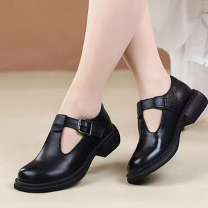 2025 primavera nuevos zapatos planos de cuero genuino para mujer, zapatos de mamá con Velcro que combinan con todo, Color sólido, boca baja, suela plana de cuero pequeño - Product Image 2