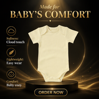 Baju Bayi Organik Bersertifikat GOTS, Romper Bayi Lengan Pendek Kancing Tekan, Warna Kuning