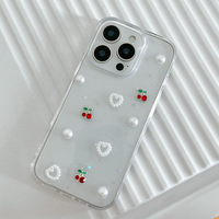 Coque de téléphone transparente en TPU avec strass et cerises pour iPhone 16 Pro Max, étui tendance pour femme avec paillettes en époxy pour iPhone 17, 15 Plus, 14