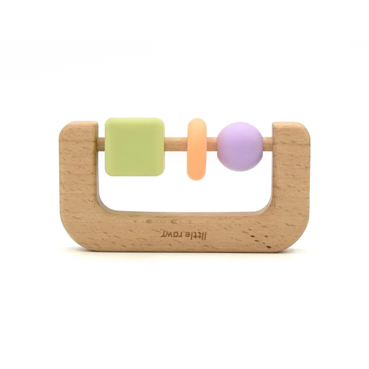 2022 Amazon hot sale Little Rawr born Kids Bite Toy Infants Nursing Accessories Baby Teether Beech Wood Silicone Teething Ring