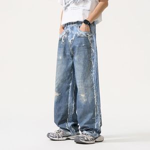 Celana Jeans Berkualitas Tinggi Model AC Style Slits 3D Printing Digital Printing Faux Two-piece Distressed Loose Straight - Product Image 3