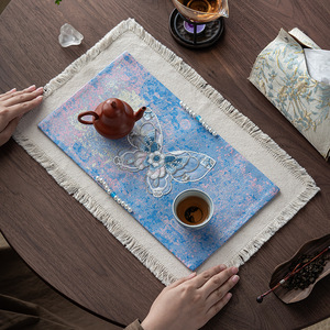 Tapis à thé chinois brodé à la main avec des papillons, tapis à thé chinois perlé pour infusion à sec, tapis en tissu pour infusion à sec à domicile, tissu à thé, tapis à thé. - Product Image 3