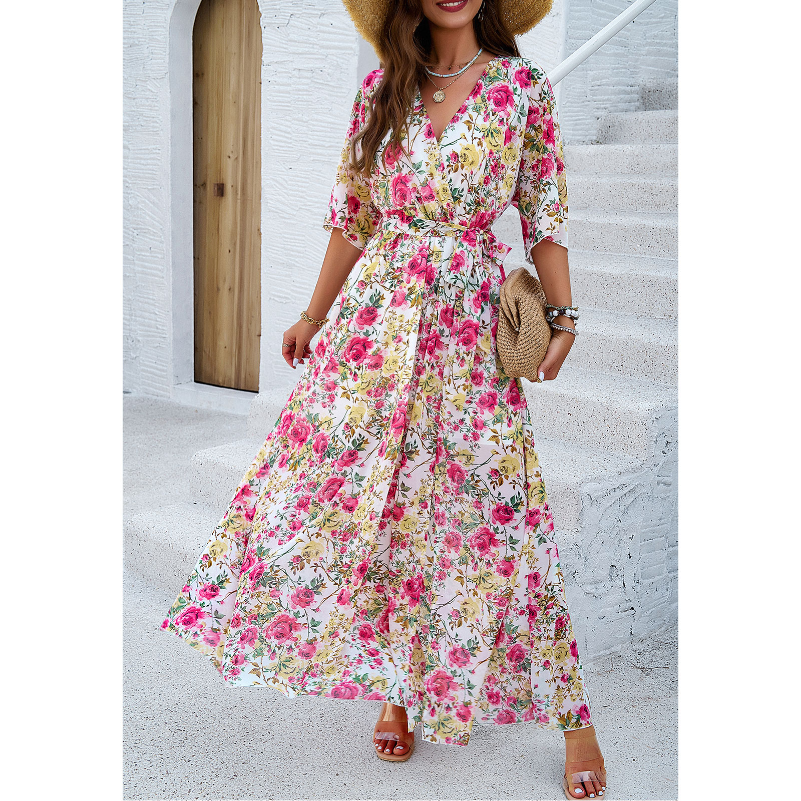 summer casual flowy maxi dresses Women's Summer Puff Sleeve Floral Split Maxi Dress Flowy A Line Casual  Beach Long Dresses-Green-XS at Amazon Women's Clothing store