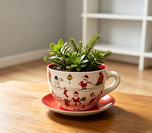 Tazza da tè e piattino natalizi in ceramica smaltata, vaso <span class=keywords><strong>per</strong></span> piante con grazioso motivo Babbo Natale e pupazzo di neve, con drenaggio, decorazione <span class=keywords><strong>per</strong></span> giardino e casa - Product Image 1