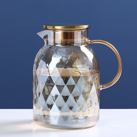 Jarra de diamante de cristal grande resistente al calor de 1,8 l con tapa, jarra de agua de borosilicato con asa, jarra de agua con asa