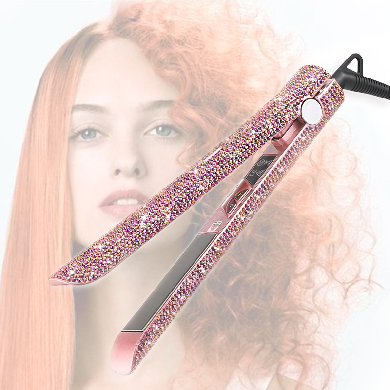 Розовый Выпрямитель для волос с логотипом на заказ, выпрямитель для волос онлайн, Алмазный выпрямитель для волос, профессиональный Керамический выпрямитель для волос