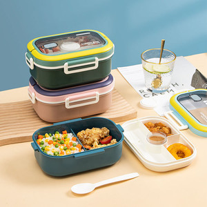 Fiambrera de plástico Bento, contenedor de comida apilable de doble capa de gran capacidad de estilo japonés con cubiertos - Product Image 2