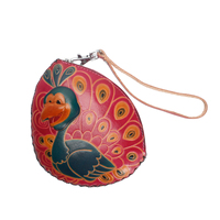 Porte-monnaie en cuir véritable fait main, motif paon 3D, pochette zippée sur le côté, porte-clés avec dragonne, idéal pour un cadeau