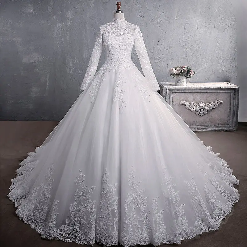Nueva moda elegante novia principal manga larga de encaje boda satén tren vestido moda bordado vestidos de novia