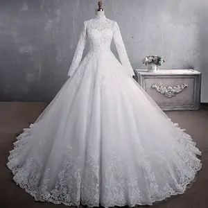 Gaun pengantin renda panjang, Gaun kereta Satin renda panjang utama mode baru