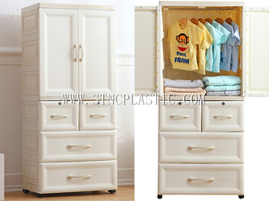 Armoire à vêtements en plastique moderne, 4 niveaux, tiroir, 2 portes ouvertes, garde-robe pp de haute qualité, pièces