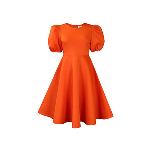 Robes d'été élégantes pour femmes en gros, col rond, manches courtes, taille cintrée, jupe évasée mi-<span class=keywords><strong>longue</strong></span>, tissée unie, écologique - Product Image 3