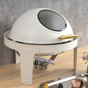 Juego de plato de frotamiento con tapa de vidrio blanco, calentador de alimentos eléctrico de lujo decorativo dorado redondo para fiesta de catering de boda única - Product Image 3