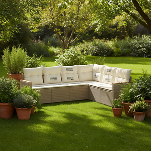Conjunto de Sofás Modulares de Ratán Beige para Jardín, Muebles de Exterior Cómodos, Diseño Contemporáneo, Cojines de Espuma de Alta Densidad - Product Image 2