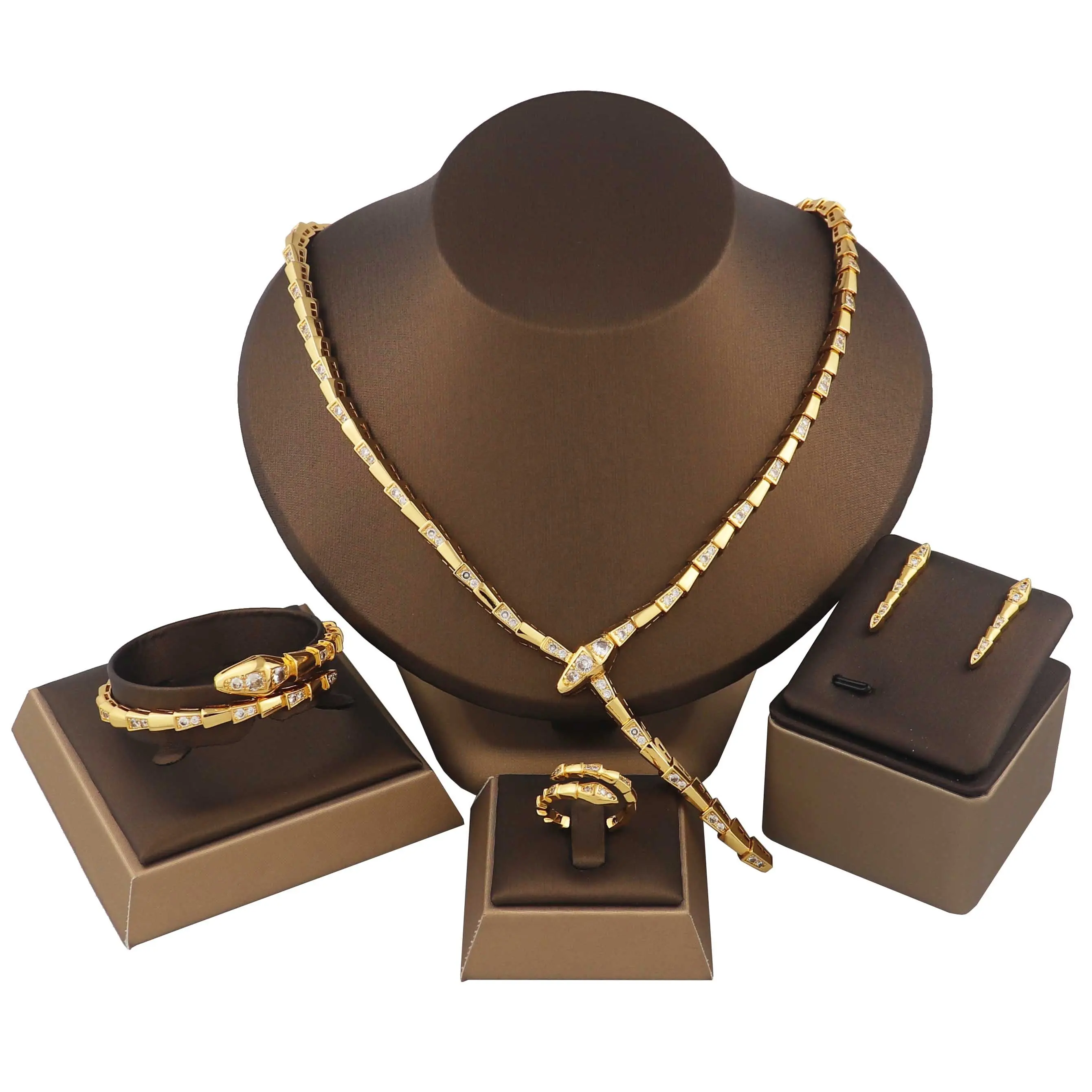 Modemarke Schlange Viper Schmuck 18 Karat vergoldet Zirkon Schlange Halskette Armband Ohrring Ring 4 Stück für Schmuck Set