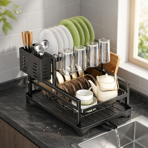 Égouttoir à vaisselle à double niveau avec porte-couverts et bac de drainage pour rangement de cuisine, design moderne en plastique, type sur pied - Product Image 5