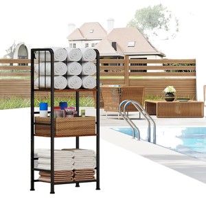 Towel Rack Floor Standing 3 Tier Carbon Steel Modern Bathroom Storage Shelf With Basket For Poolside Use - Product Image 5