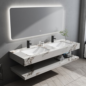 Set di Mobili da Bagno di Lusso a Parete con Lavabo a Doppio Strato e Specchio con Lavabo in Ceramica Integrato - Product Image 4
