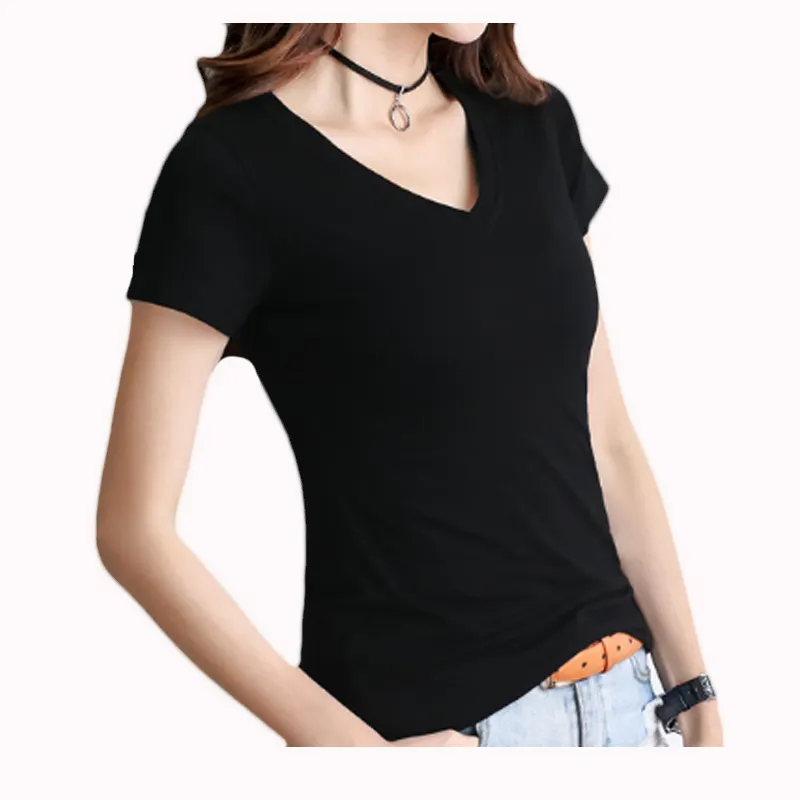 Women's T-shirt Ladies Stretch Athletic Fit Black Fitted Short Sleeve Promotion Pure Cotton V Neck T Shirt