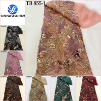 Sinya Promotion : Tissu en dentelle de tulle africain lourdement perlé de 5 yards, broderie de sequins, dentelle française en maille pour robe de mariée ou de soirée