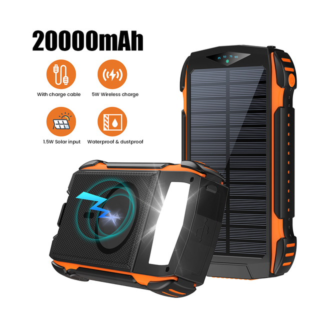 Solar Power Bank 20000mAh Waterproof Portable Charger With Wireless Charging and LED Flashlight for Outdoor Camping Adventure