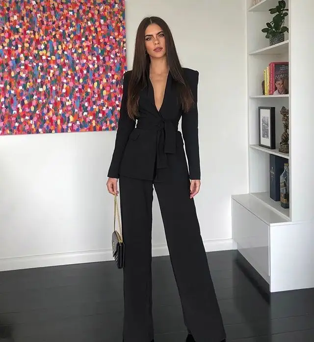 Women's Black Office Wear Two-piece Suit Women's Deep V-neck Sexy Belt Suit Jacket Blazer