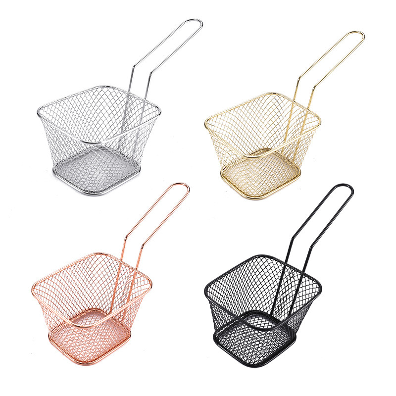 12-Piece Mini Square Fry Baskets - Stainless Steel With Handle, Rose Gold, 4.1"x3.3"x2.5", For Serving Fries & Appetizers