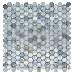 Light grey color Penny circle round shape glaze glass mosaic tile for wall and floor decoration
