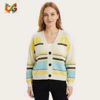 Cardigan en tricot à rayures color block CG, col en V, épaules tombantes, coupe ample, court, boutonné, pour printemps-automne, vente en gros OEM