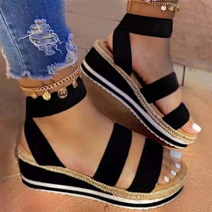 Sandales romaines <span class=keywords><strong>compensées</strong></span> en espadrille pour femmes, à bride cheville et bande élastique, bout ouvert, chaussures décontractées d'été - Product Image 1