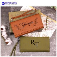 Dompet Clutch Kulit Sintetis Panjang dengan Logo Ukiran Laser Kustom, Dompet Kulit Sintetis Panjang Kosong yang Dapat Diukir Laser dengan Tali