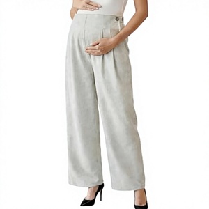 Pantalon OEM décontracté pour femme, automne-hiver, taille haute élastique, en coton, coupe large droite, longueur intégrale, couleur unie, devant plat - Product Image 1