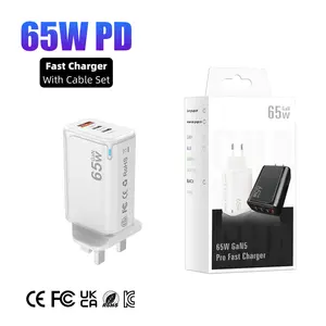 Cargador GaN de 3 puertos de 65W, cargadores de viaje de 65 vatios, adaptador de corriente PD de carga transparente multifunción para teléfono móvil portátil