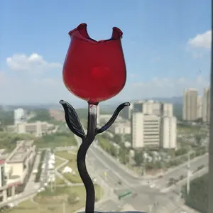 Elegant Creative red color Flower Shaped Glasses Unique rose Red Wine Glasses Goblet Wine Glass Cup with black stem and leaf