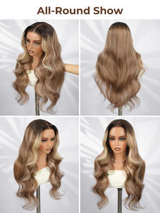 Layered <span class=keywords><strong>Caramel</strong></span> Highlights Perruques de cheveux bruns Loose Body Wave 13x6 Raw Indian Lace Frontal <span class=keywords><strong>Caramel</strong></span> Blonde Perruques de cheveux humains - Product Image 5