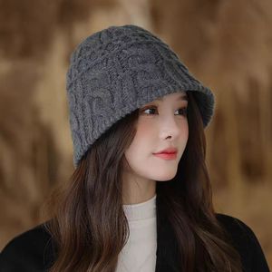 Chapeau bob en tricot torsadé blanc cassé, chaud, en laine, pour adultes - Product Image 3