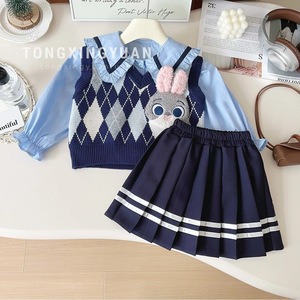 Tongxingyuan Girls' Rabbit JK Uniform Knitted Vest Skirt Set Spring Autumn Cute School Outfit Children's Clothing - Product Image 1