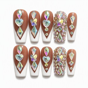 Faux ongles à presser en acrylique faits main, longs, forme cercueil, avec strass, couvrance totale, pour doigts - Product Image 1