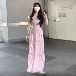 Pink V-neck <b>Elastic</b> Waist Ruffle Maxi <b>Dress</b> For Women Summer Beach Cover Up Solid Color One Piece - Product Image 2