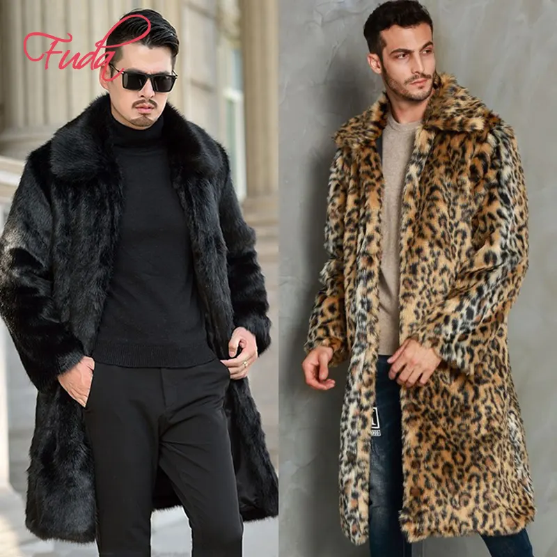 FUDA T09 hommes ensemble imprimé léopard doublure hiver nouveau manteau de fourrure imité vison fourrure manteau hommes grande taille longue sur le genou pardessus