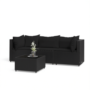 Ensemble de salon de jardin en rotin noir avec structure en acier thermolaqué et verre trempé pour usage extérieur - Product Image 1