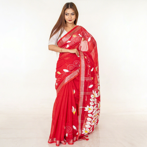 Sari Rojo de Algodón con Estampado Floral Blanco y Detalles Dorados, Traje Tradicional Indio para Bodas, Largo hasta el Suelo, Corte Regular, Estilo Bollywood - Product Image 1