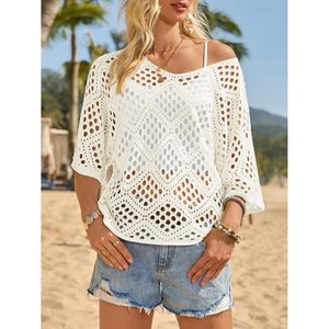 Haut cache-maillot en crochet personnalisé pour femme, pull ajouré d'été, style bohème, pour la plage, 100% coton - Product Image 4